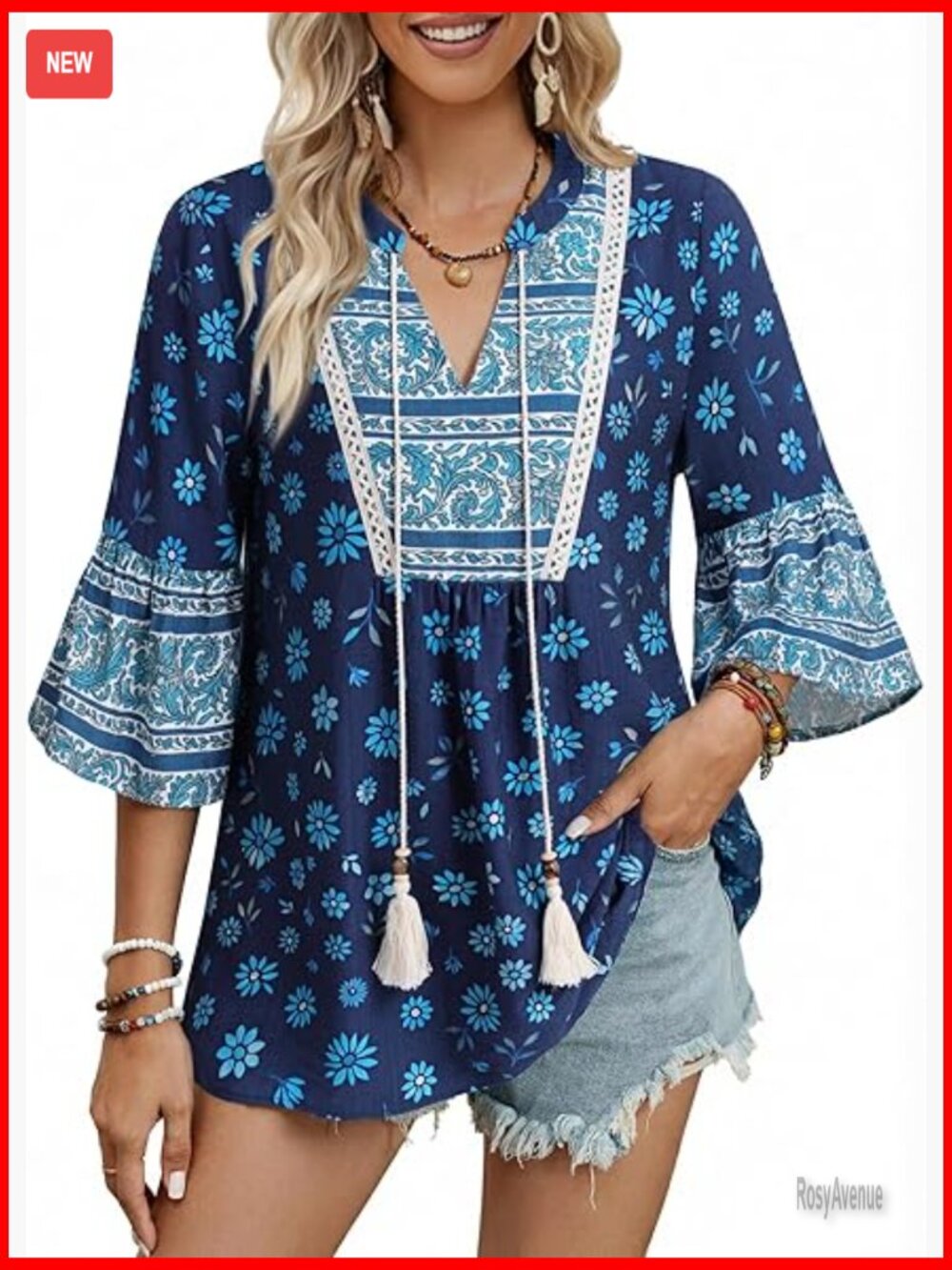 Boho Tunic Top V-Neck 3/4 Bell Sleeve Flowy Casual Blouse Lightweight Summer